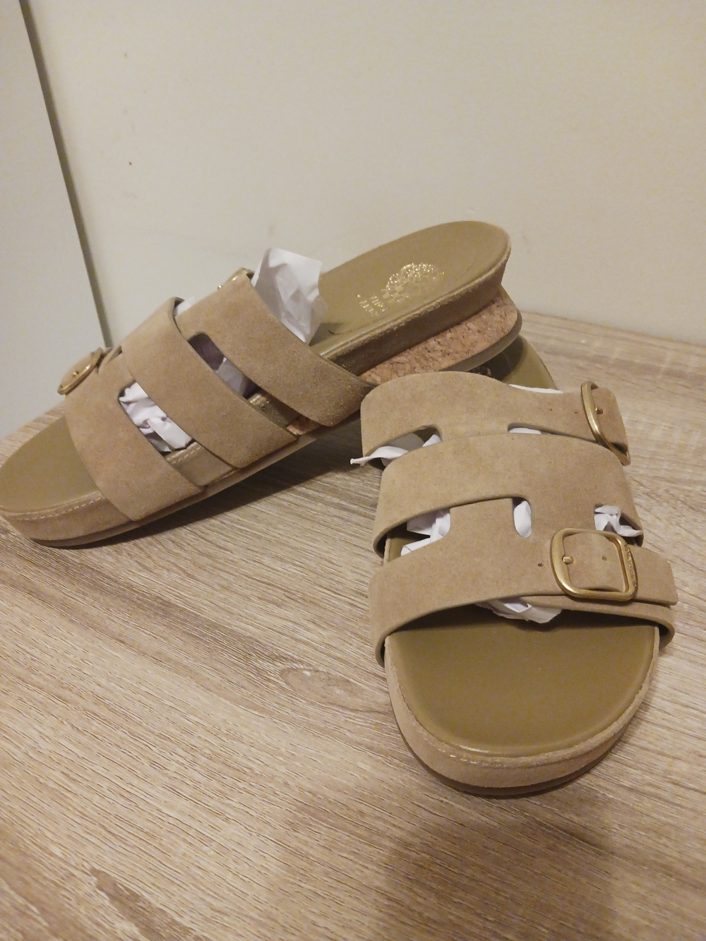 Vince Camuto Suede Double-Buckle Slide Sandals in Tan - Picture 9 of 9